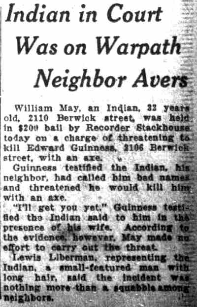 Indian in Court Was on Warpath Neighbor Avers — William May of 2110 Berwick Street, Camden Daily Courier, May 13, 1921