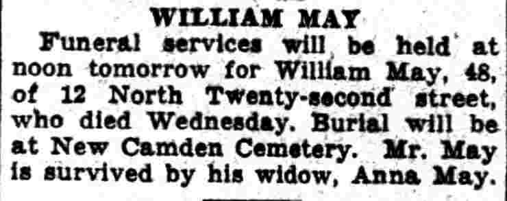 Camden Courier-Post, September 20, 1935 — William May obituary notice