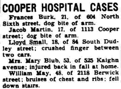Cooper Hospital Cases — William May of 2118 Berwick Street, Camden Courier-Post, December 28, 1931