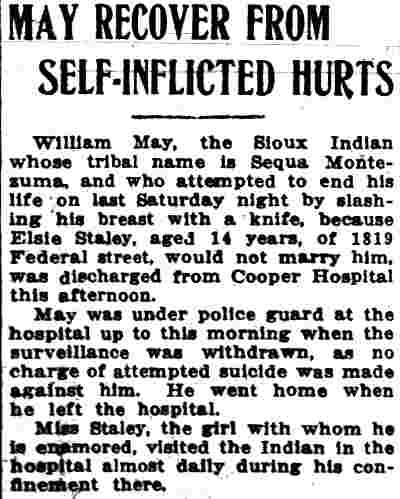 Camden Post-Telegram, December 30, 1910 — May Recover from Self-Inflicted Hurts