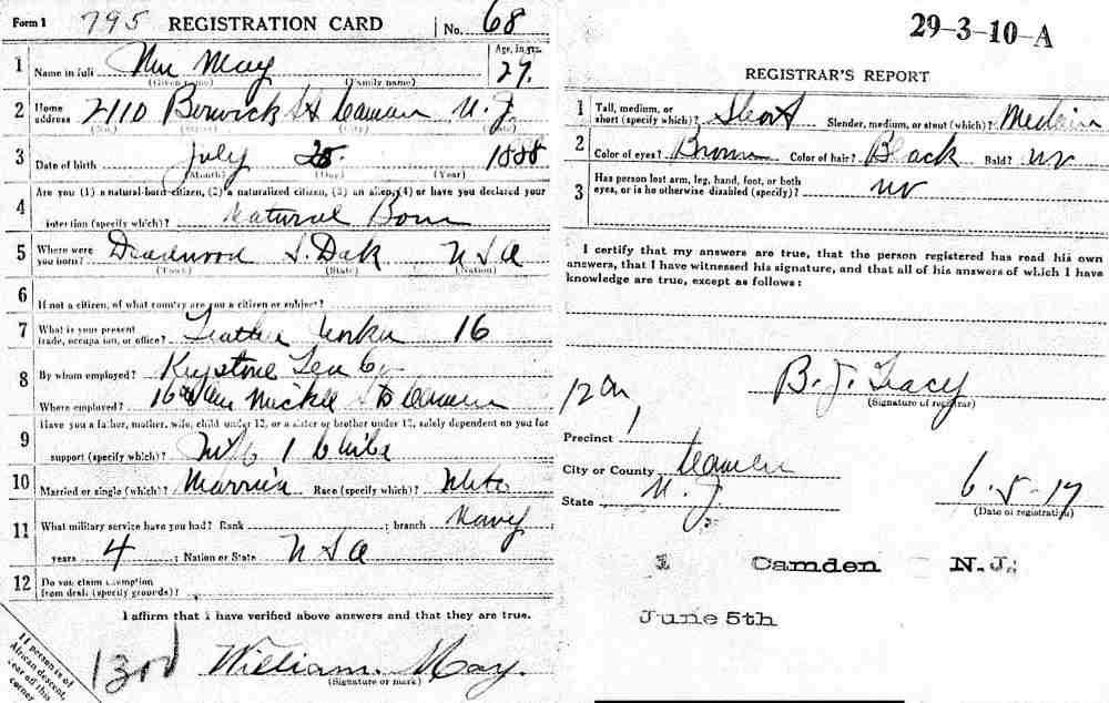 World War I Draft Registration Card for William May, June 5, 1917