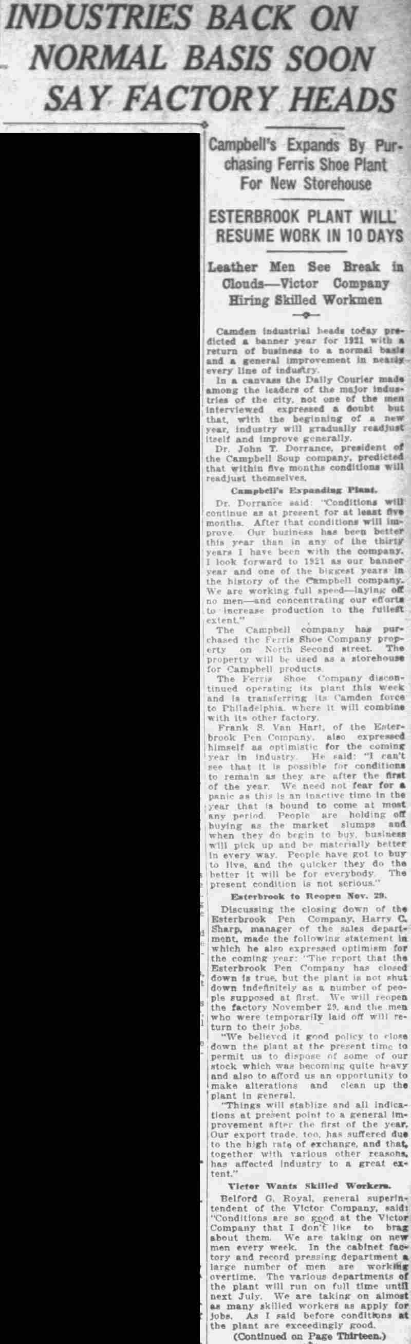 Camden Daily Courier, November 20, 1920 — Industries Back on Normal Basis Soon