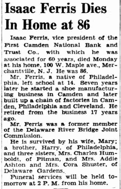 Camden Courier-Post, December 12, 1940 — Isaac Ferris Jr. obituary