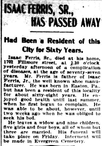 Isaac Ferris Sr. Has Passed Away, Camden Daily Courier, August 31, 1904