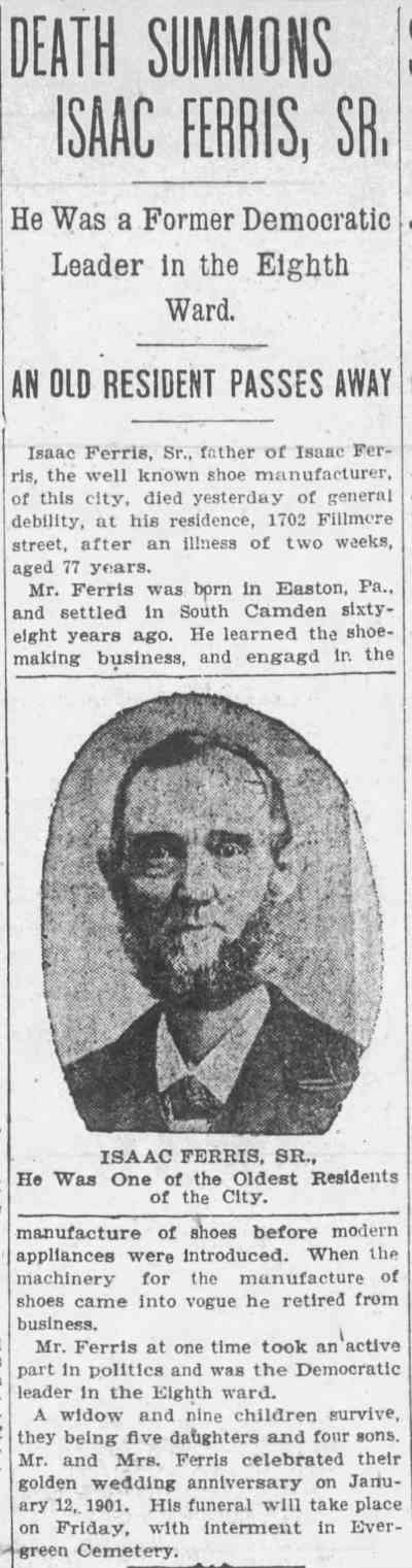 Death Summons Isaac Ferris Sr., Camden Post-Telegram, August 31, 1904