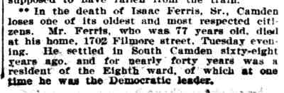 Newspaper notice for Isaac Ferris Sr., Philadelphia Inquirer, September 1, 1904