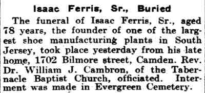 Newspaper notice for Isaac Ferris Sr., Philadelphia Inquirer, September 3, 1904