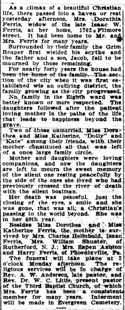 Death of Dorathia Ferris, widow of Isaac Ferris Sr., Camden Post-Telegram, October 28, 1910