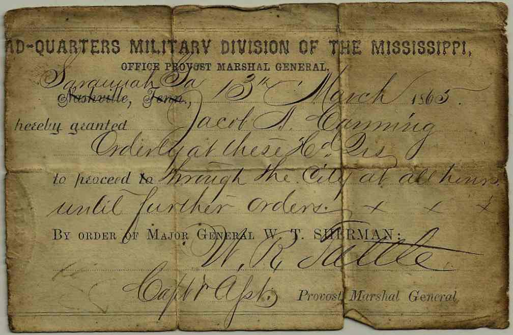 Day Pass to City of Savannah, Georgia, March 13, 1865 — issued to Jacob A. Canning