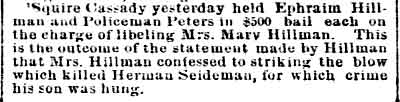 Philadelphia Inquirer, February 18, 1890 — Ephraim Hillan, Mary Hillman, Charles H. Peters, James M. Cassady