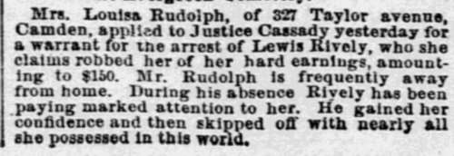 Philadelphia Inquirer, June 13, 1889 — Louisa Rudolph, Lewis Rively, Taylor Avenue, James M. Cassady