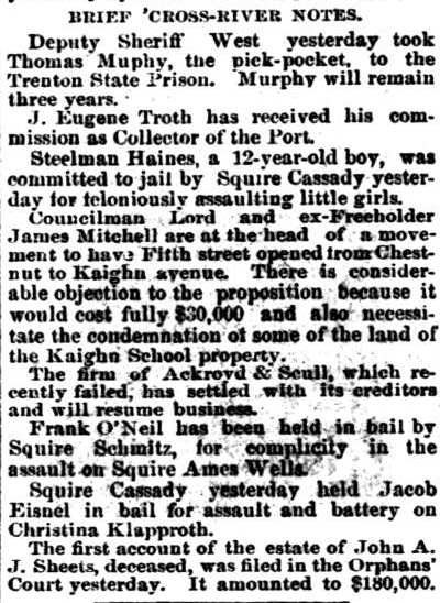 Philadelphia Inquirer, June 29, 1890 — Henry West, Thomas Murphy, J. Eugene Troth, Steelman Haines, Isaac Lord, James Mitchell, Ackroyd & Scull, James M. Cassady, and others