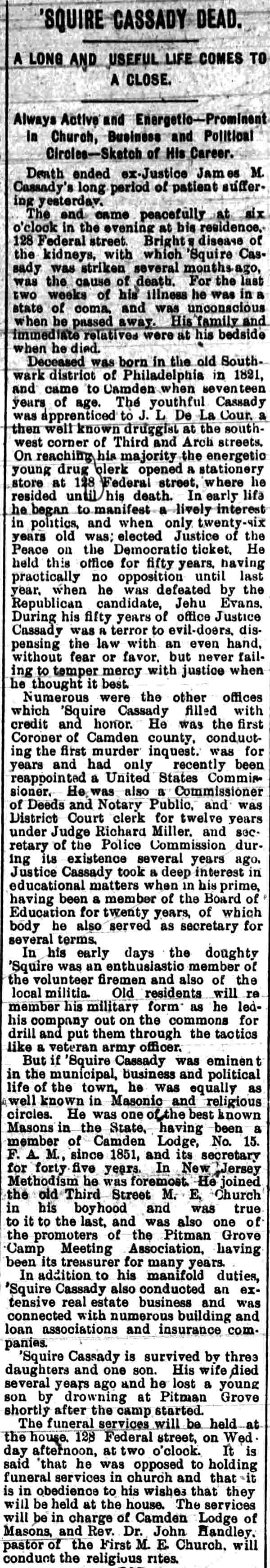 Camden Post, August 9, 1897 — 'Squire Cassady Dead.