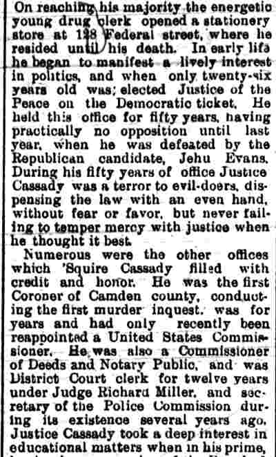 Camden Post, August 9, 1897 — 'Squire Cassady Dead, continued