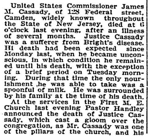 Philadelphia Inquirer, August 9, 1897 — James M. Cassady Has Passed Away, continued