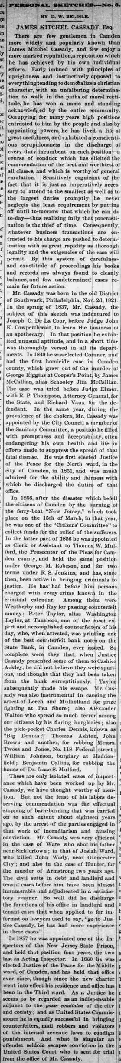 Camden County Courier, December 11, 1880 — Personal Sketches No. 8, by D. W. Belisle — James Mitchel Cassady, Esq.