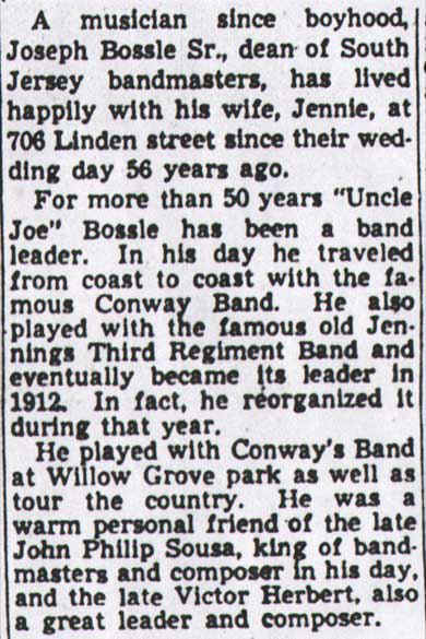 Article text — Joseph Bossle Sr., Conway's Band, Jennings Third Regiment Band, Camden Courier-Post, November 4, 1949