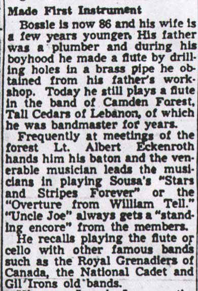 Article text continued — Joseph Bossle Sr. early life, flute, Tall Cedars of Lebanon, Camden Courier-Post, November 4, 1949