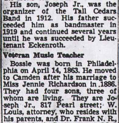 Article text continued — Joseph Bossle Jr., Tall Cedars Band, family details, Camden Courier-Post, November 4, 1949