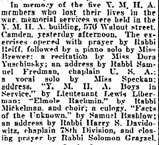 Philadelphia Inquirer, November 13, 1922 — Hebrew Society Holds Memorial, body text