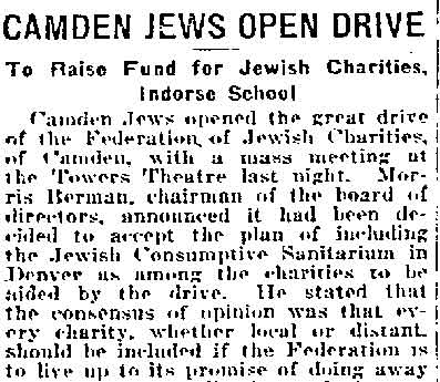 Philadelphia Inquirer, December 8, 1918 — Camden Jews Open Drive, part 1