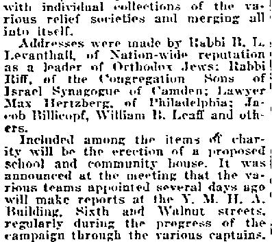 Philadelphia Inquirer, December 8, 1918 — Camden Jews Open Drive, part 2