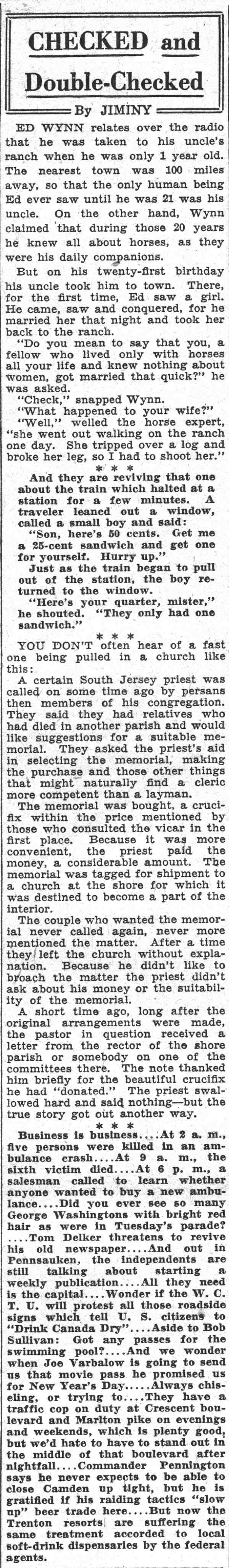 Checked and Double Checked column by Jiminy, Camden Courier-Post June 15, 1932, page 1
