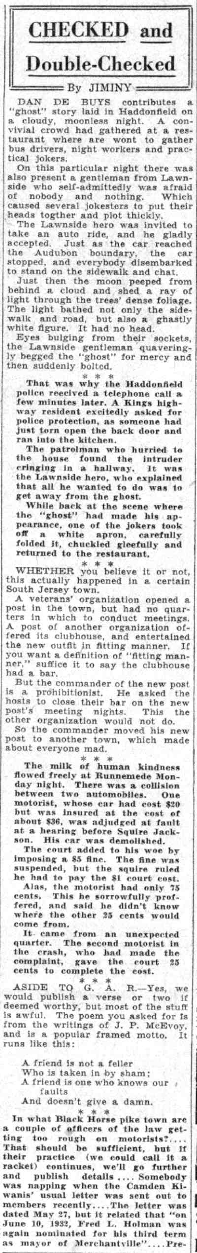 Checked and Double Checked column by Jiminy, Camden Courier-Post June 1, 1932, page 1