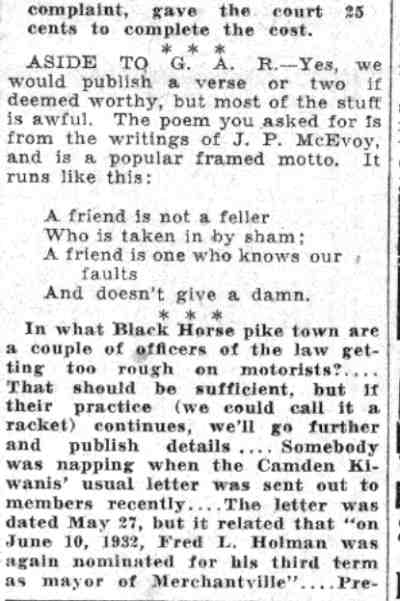 Checked and Double Checked column by Jiminy, Camden Courier-Post June 1, 1932, page 4