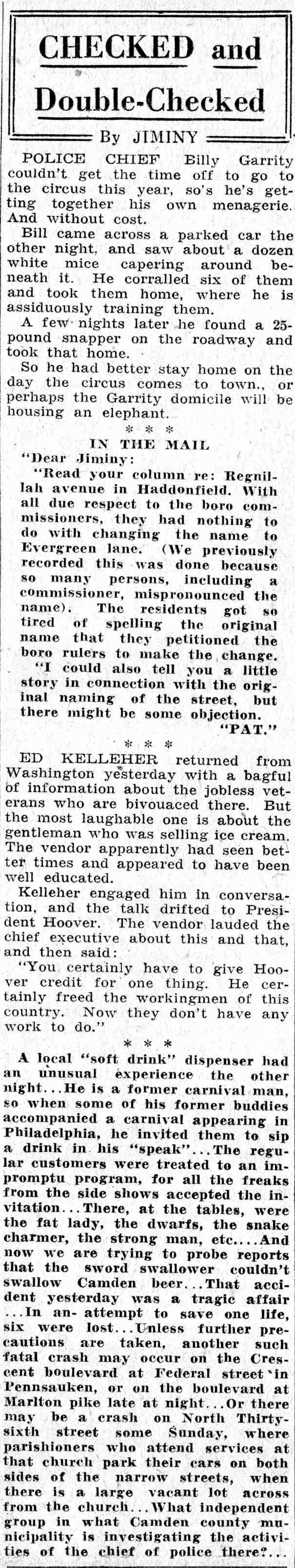Checked and Double Checked column by Jiminy, Camden Courier-Post June 8, 1932, page 1