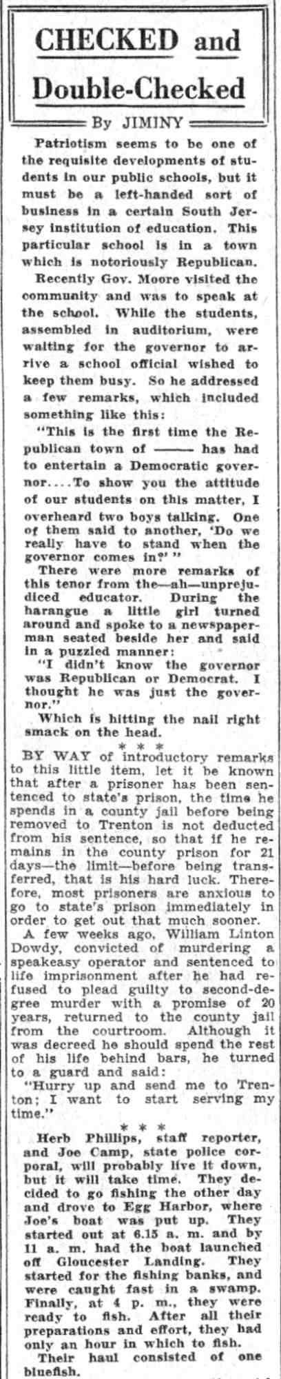 Checked and Double Checked column by Jiminy, Camden Courier-Post June 6, 1932, page 1