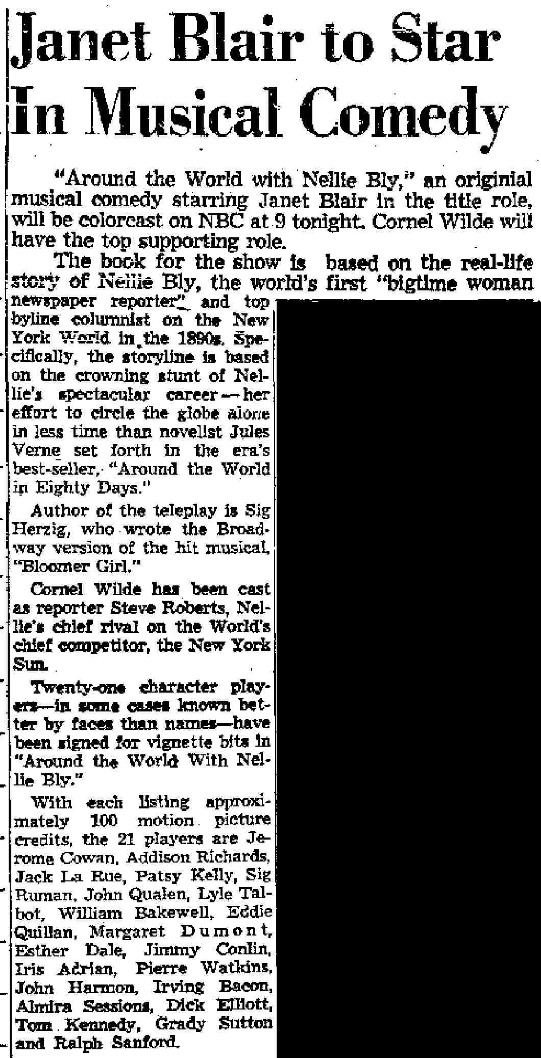 Richmond Times-Dispatch January 3, 1960 — Janet Blair to Star in Musical Comedy, Around the World with Nellie Bly listing Jimmy Conlin among 21 character actors