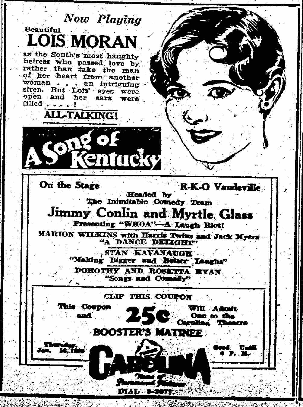 Charlotte Observer January 16, 1930 — Carolina Theater advertisement featuring Jimmy Conlin and Myrtle Glass presenting Whoa