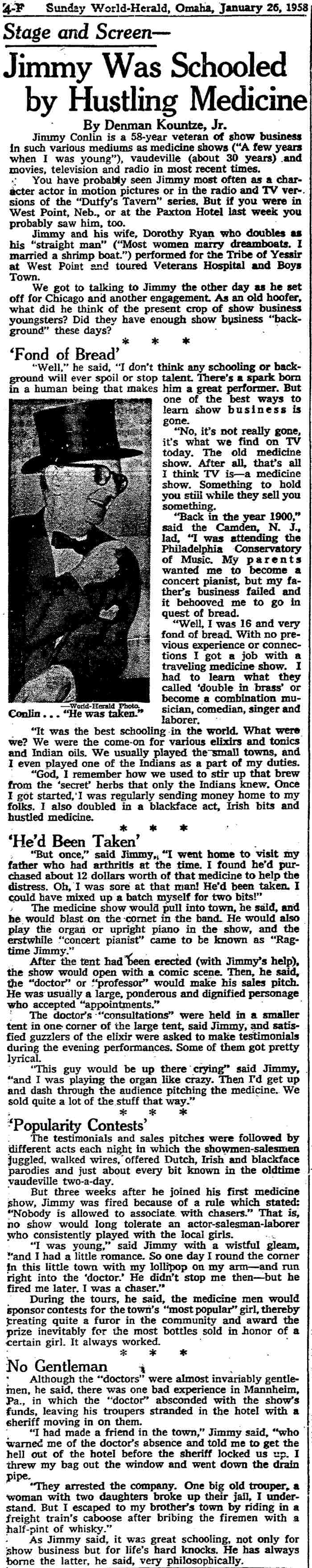 Omaha World-Herald January 26, 1958 — Jimmy Was Schooled by Hustling Medicine, feature article about Jimmy Conlin