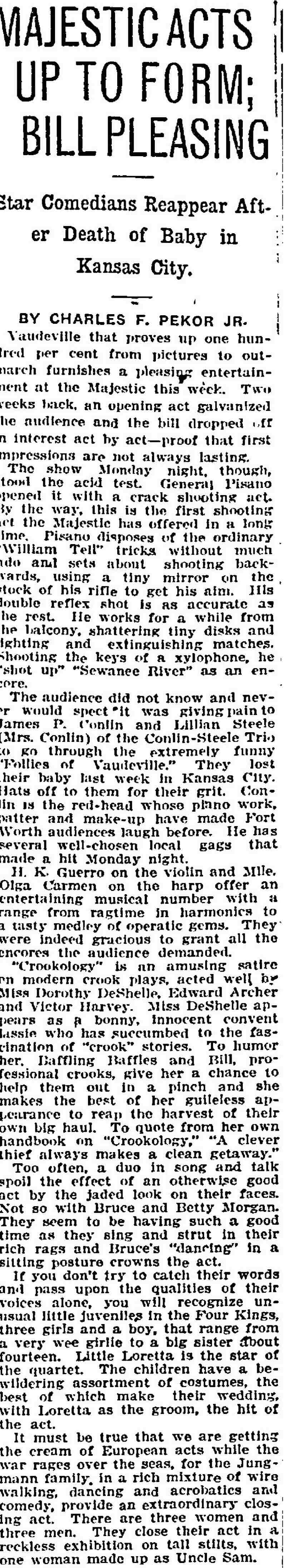 Fort Worth Star-Telegram February 2, 1915 — Majestic Acts Up to Form review mentioning James P. Conlin and Lillian Steele Trio
