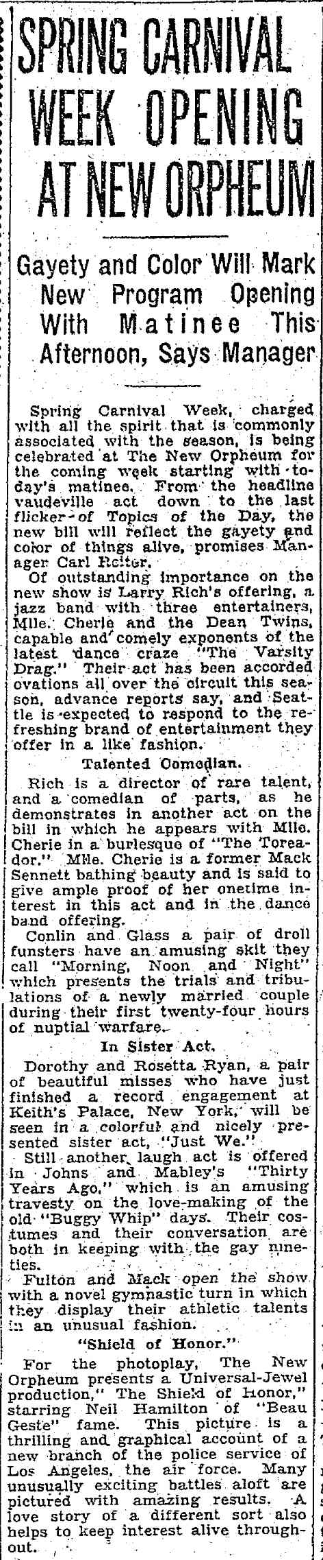Seattle Daily Times March 25, 1928 — Spring Carnival Week Opening at New Orpheum, featuring Conlin and Glass