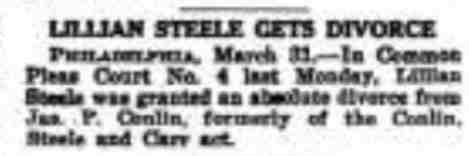 New York Clipper April 4, 1917 — Lillian Steele Gets Divorce from Jas. P. Conlin