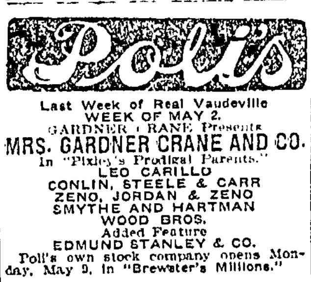 Wilkes-Barre Times-Leader May 2, 1907 — Poli's advertisement listing Conlin, Steele and Carr