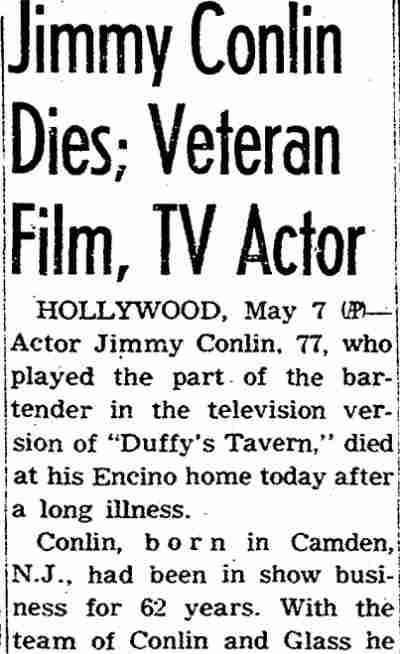 San Diego Union May 8, 1962 — Jimmy Conlin Dies; Veteran Film, TV Actor