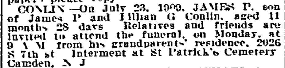 Philadelphia Inquirer July 25, 1909 — death notice for James P. Conlin Jr.