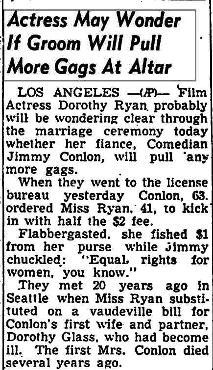 St. Petersburg Evening Independent August 19, 1948 — Actress May Wonder If Groom Will Pull More Gags At Altar