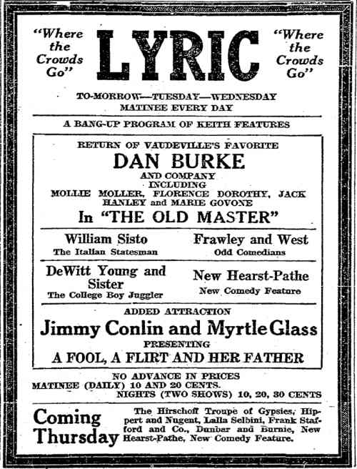 Richmond Times-Dispatch September 9, 1917 — Lyric Theater advertisement featuring Jimmy Conlin and Myrtle Glass