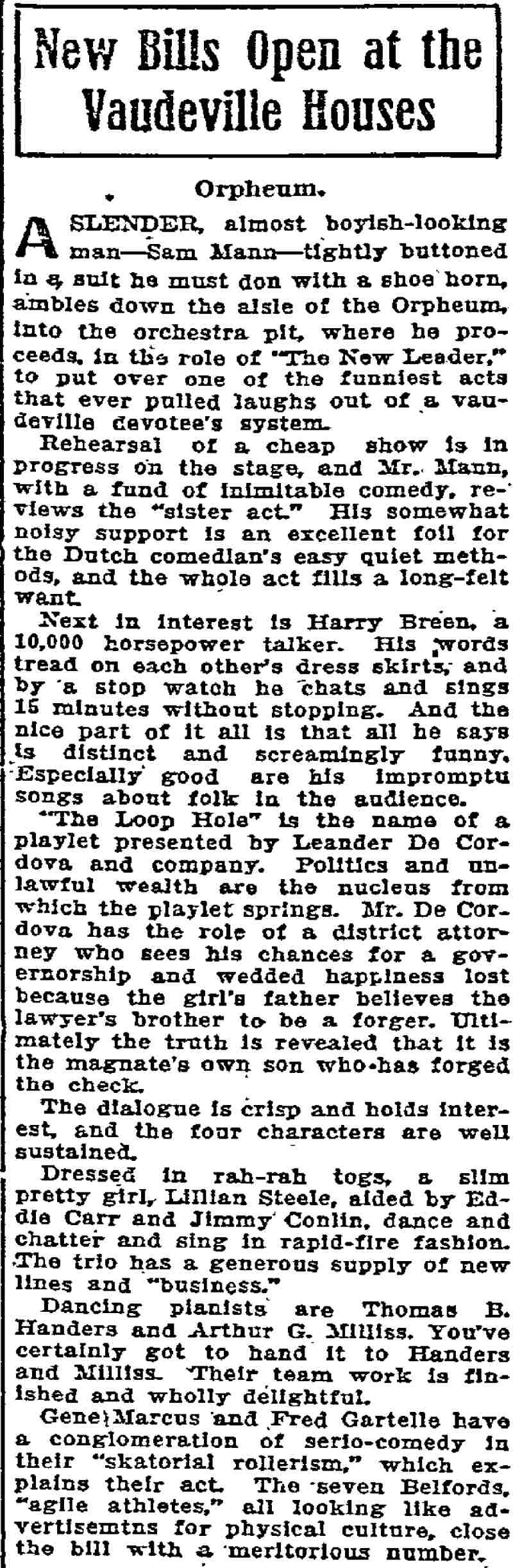 Portland Oregonian September 12, 1911 — New Bills Open at the Vaudeville Houses, Orpheum review mentioning Conlin, Steele and Carr