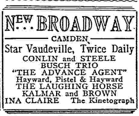 Philadelphia Inquirer September 20, 1908 — New Broadway Camden advertisement listing Conlin and Steele
