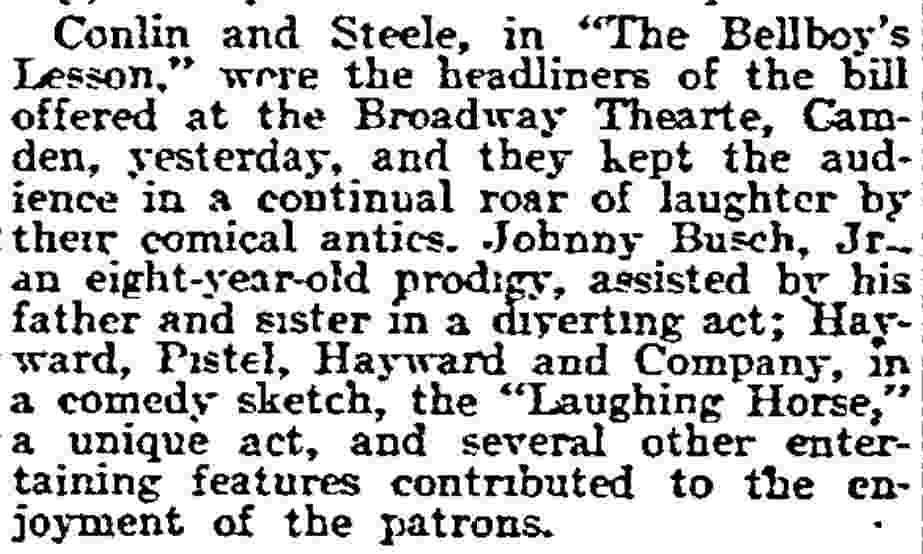 Philadelphia Inquirer September 22, 1908 — review of Conlin and Steele at the Broadway Theatre Camden