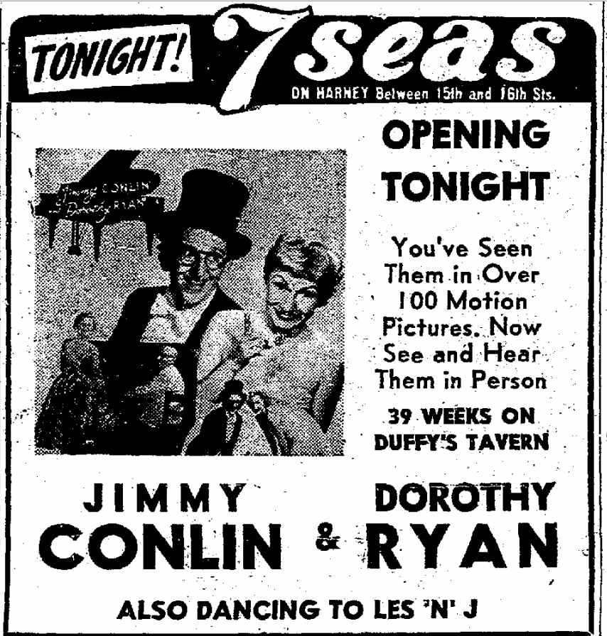 Omaha World-Herald October 6, 1958 — 7 Seas club advertisement for Jimmy Conlin and Dorothy Ryan