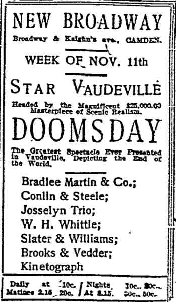 Philadelphia Inquirer November 10, 1907 — advertisement listing James F. Conlin and Lillian Steele at the Broadway Theatre Camden