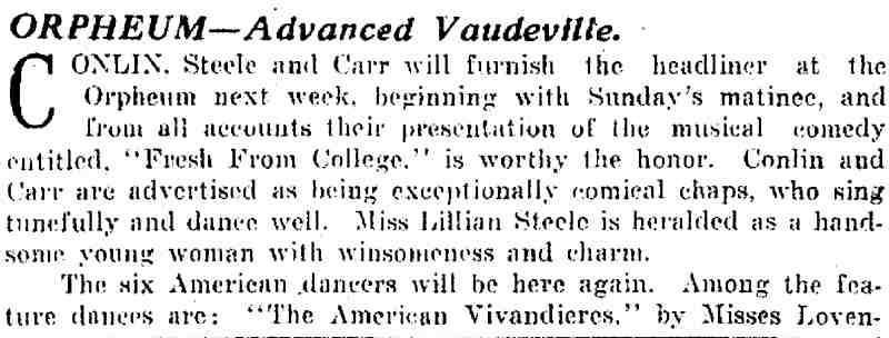 Salt Lake City Telegram November 11, 1911 — Orpheum Advanced Vaudeville preview of Conlin, Steele and Carr
