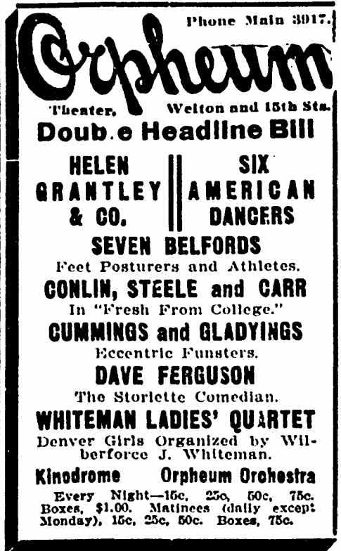 Rocky Mountain News November 21, 1911 — Orpheum Theater advertisement listing Conlin, Steele and Carr in Fresh From College