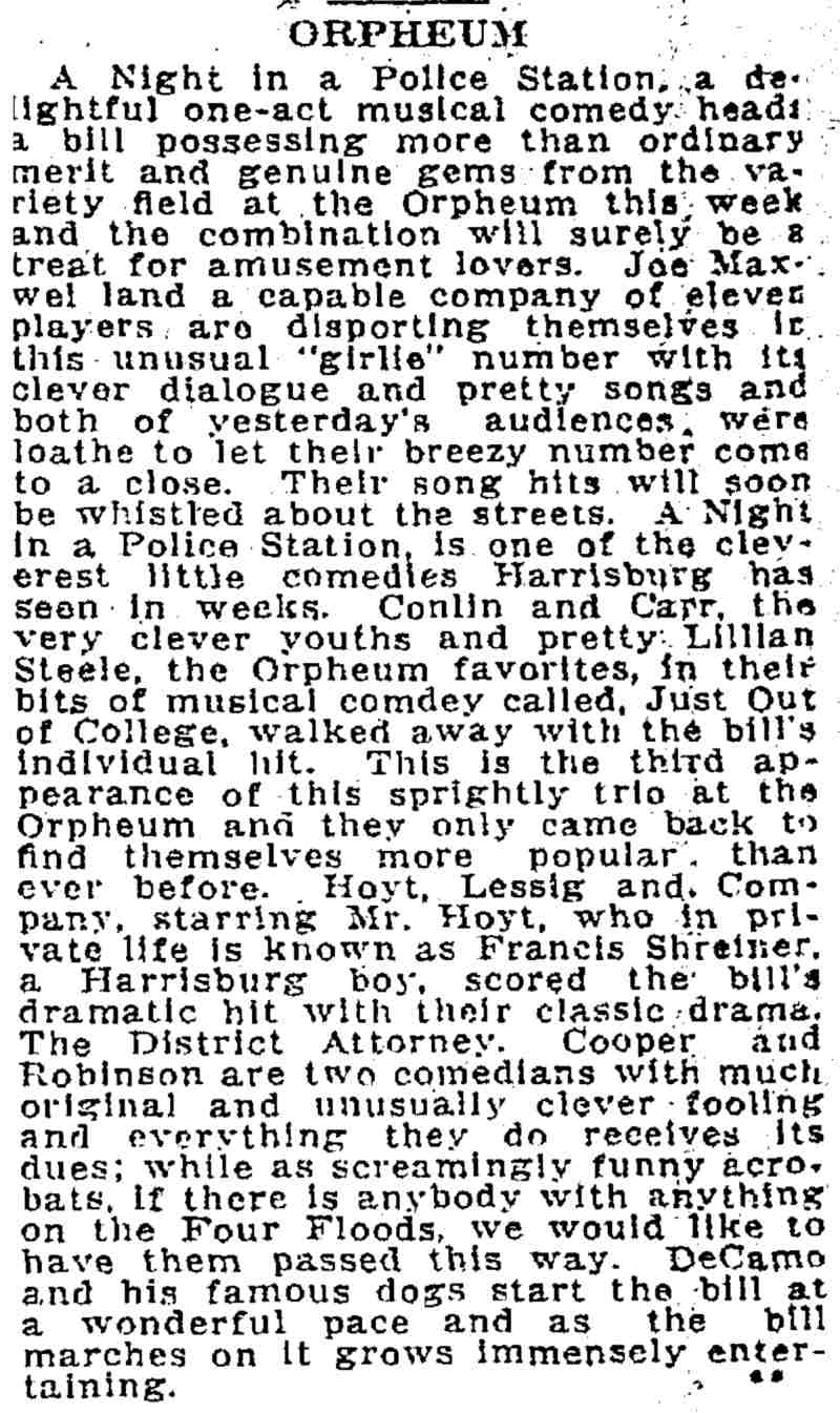 Harrisburg Patriot November 29, 1910 — Orpheum review mentioning Conlin and Carr